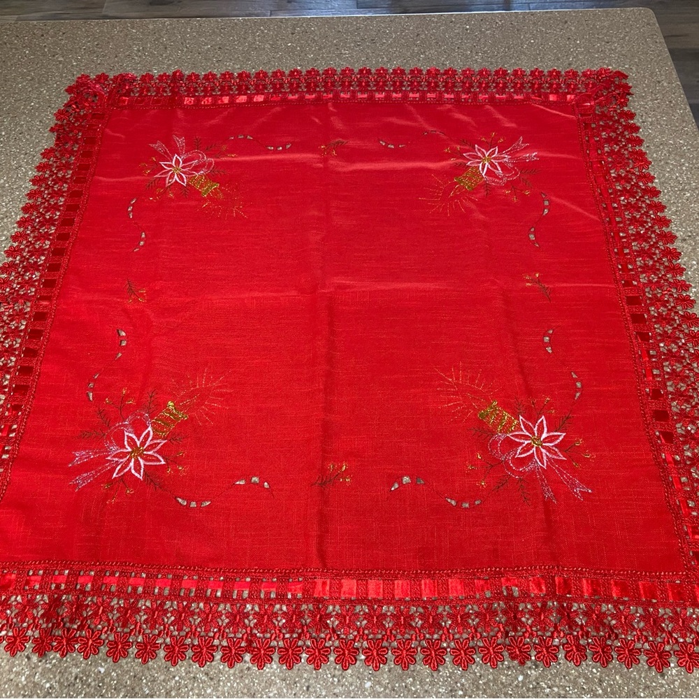 Red Floral Embroidered Tablecloth